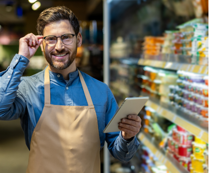man in a grocery store holding a tablet for inventory tracking